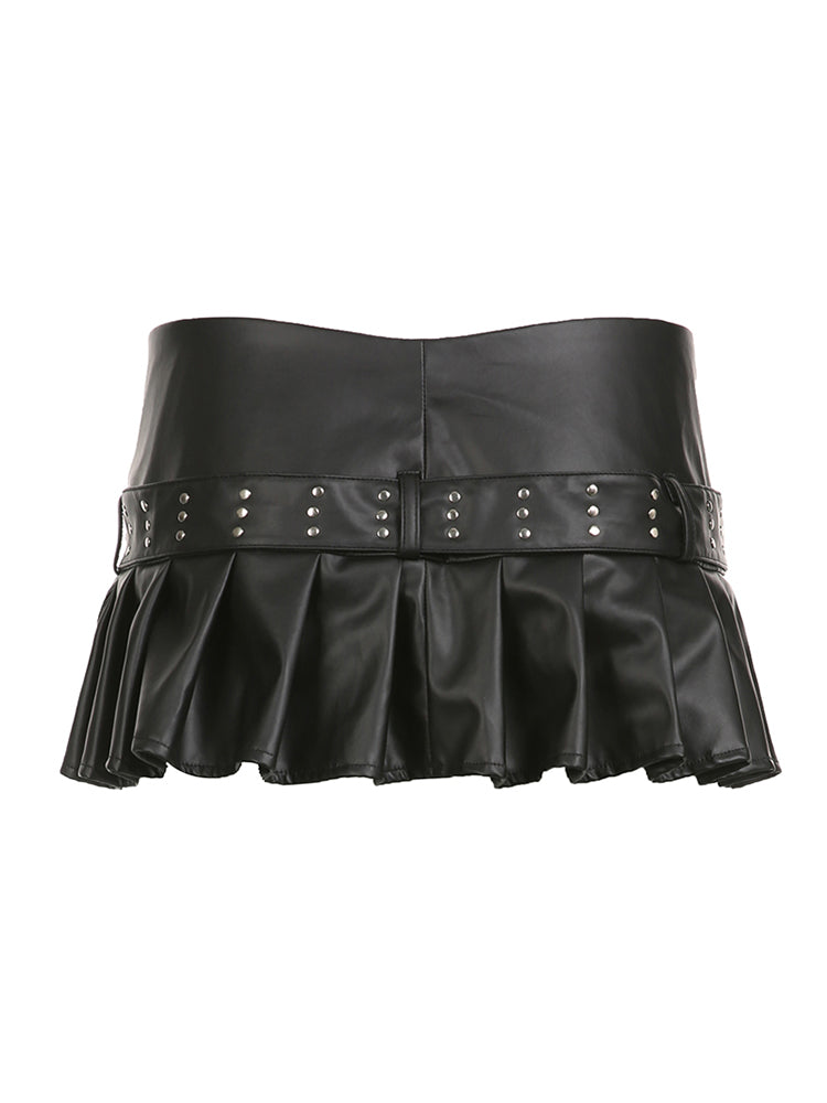 Aiertu - summer inspo Punk Gothic Zipper Split Black PU Leather Pleated Skirt With Rivet Belt Women Sexy Baddie Outfits Aiertu
