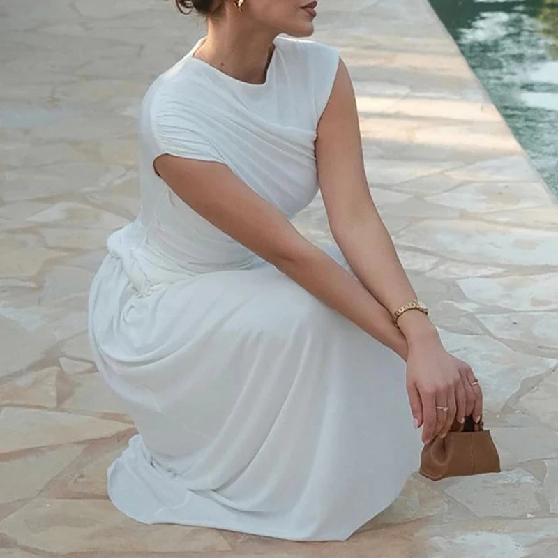 Aiertu  -  Summer O Neck Solid Color Slim Robe Dress Women's Casual Patchwork Holiday Dress Elegant Sleeveless High Waist Beach Dress Aiertu