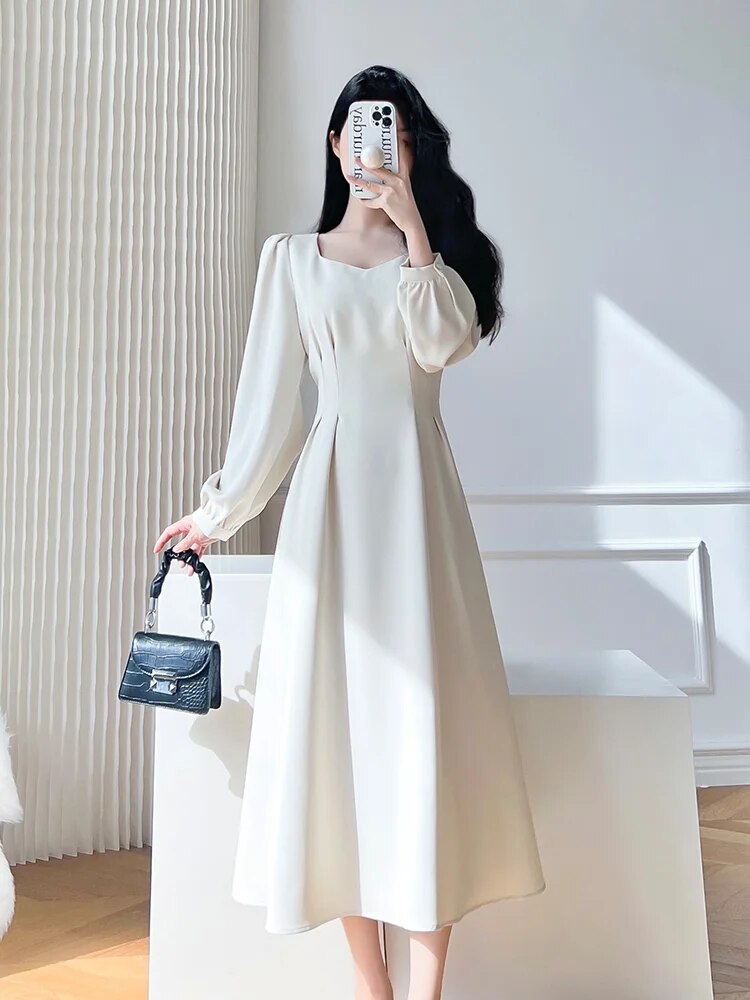 Aiertu Vintage White Midi Dresses for Women New Autumn Elegant Fashion Square Neck Long Sleeves Bride Wed Female Clothing Aiertu