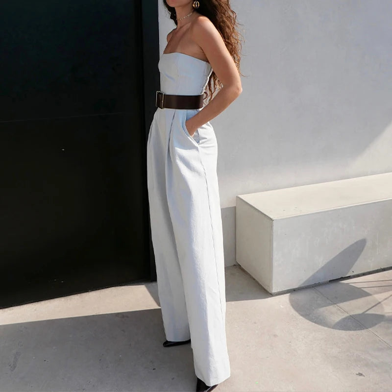 Aiertu  -  Temperament Women Strapless Rompers 2025 Spring Off-shoulder Backless High-waist Folds Jumpsuits Wide Leg Pants With Belted Aiertu