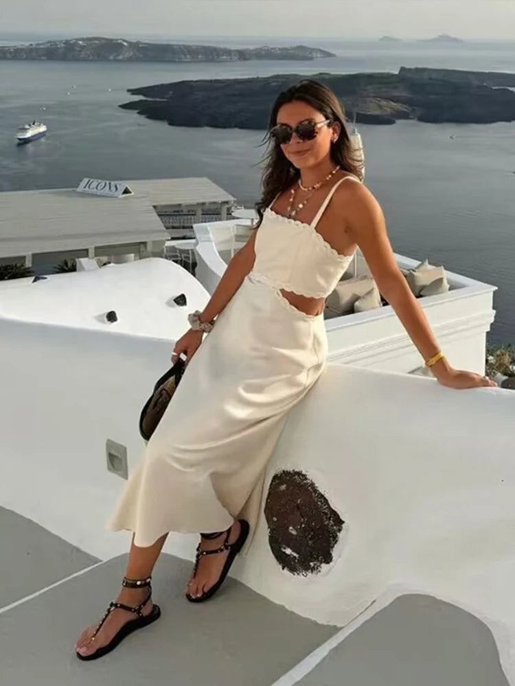 Aiertu  -  Sexy Hollow Out Sling Midi Dress Women Casual Pleated Square Collar Sleeveless A-line Female Dresses Summer Lady Vestidos Aiertu