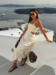 Aiertu  -  Sexy Hollow Out Sling Midi Dress Women Casual Pleated Square Collar Sleeveless A-line Female Dresses Summer Lady Vestidos Aiertu