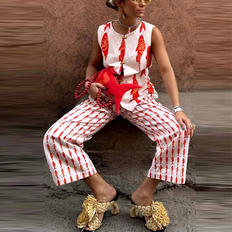 Aiertu    -  Fashion Women's Printed Vest Trouser Suits Sleeveless O-Neck Button Straight Pants Lady Sets 2025 Summer 2 Pieces Set Women Aiertu