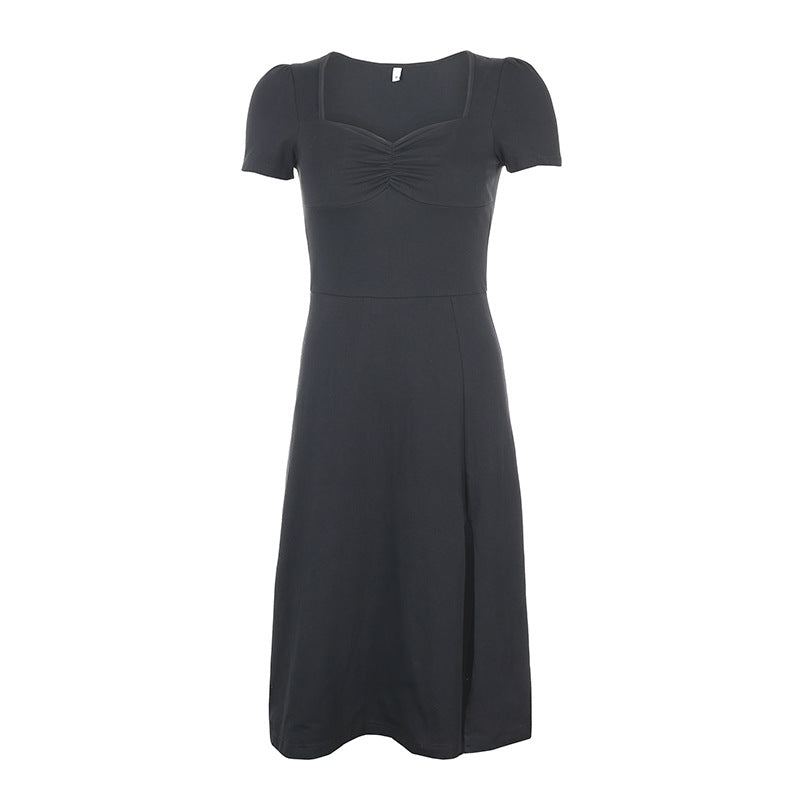 Aiertu - Square Neck Pleated Waist Slim Dress Aiertu