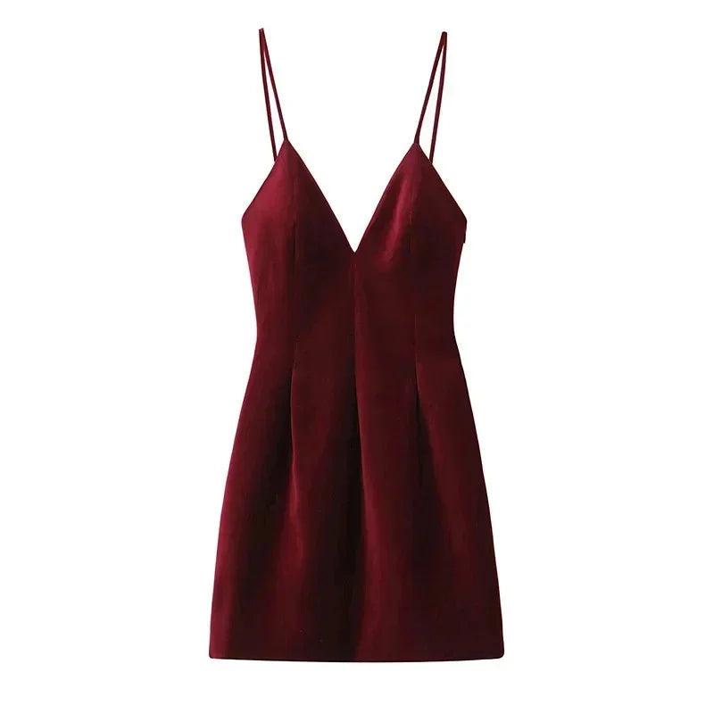 Aiertu  -  Sexy Red Velvet Sling Dress Women Elegant Sleeveless Backless V Neck Mini Dresses Fashion Dinner Date Christmas Party Dress Aiertu