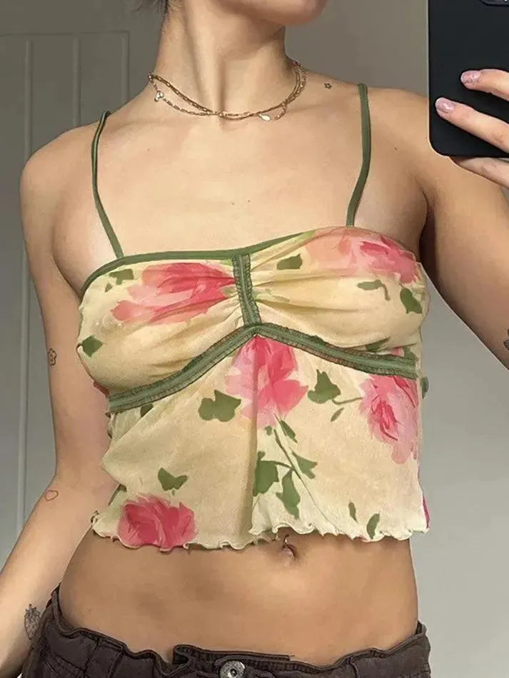 Aiertu  -Floral Print Mesh Ruffle Trim Cami Top aiertu