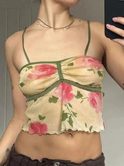 Aiertu  -Floral Print Mesh Ruffle Trim Cami Top aiertu