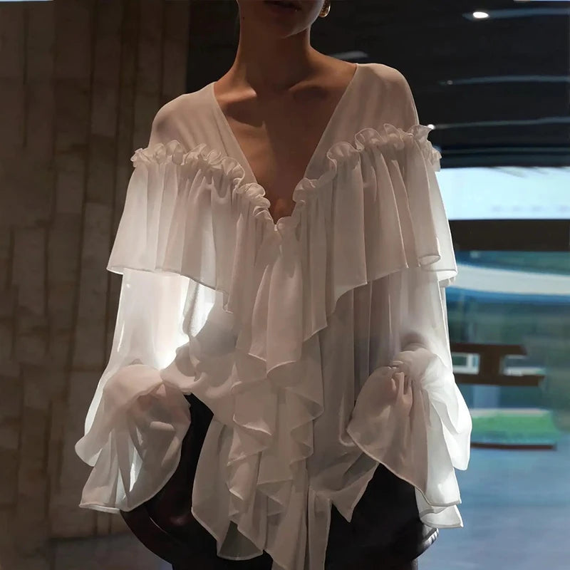 Aiertu  -  Fashion Women's Ruffle Shirts Loose V-neck Long Lantern Sleeve Female Blouses 2025 Spring Summer Lady Sexy See Through Shirt New Aiertu