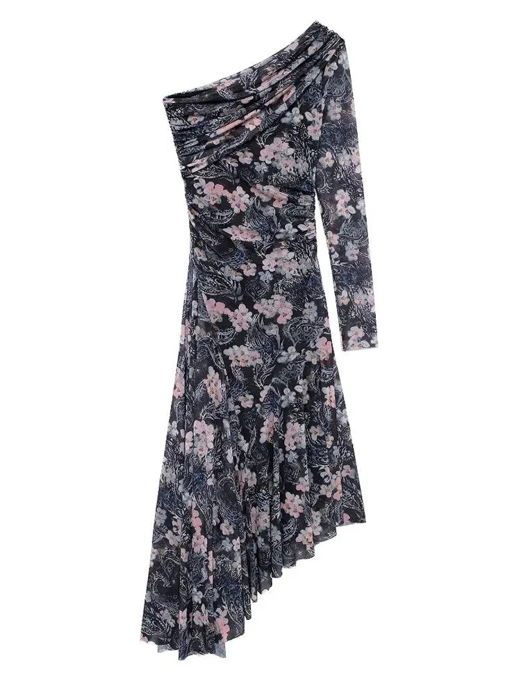 Aiertu  -  Women Fashion Printed Pleated Midi Dress Vintage Asymmetrical Neck One Shoulder Long Sleeve Female Chic Lady Dresses Aiertu
