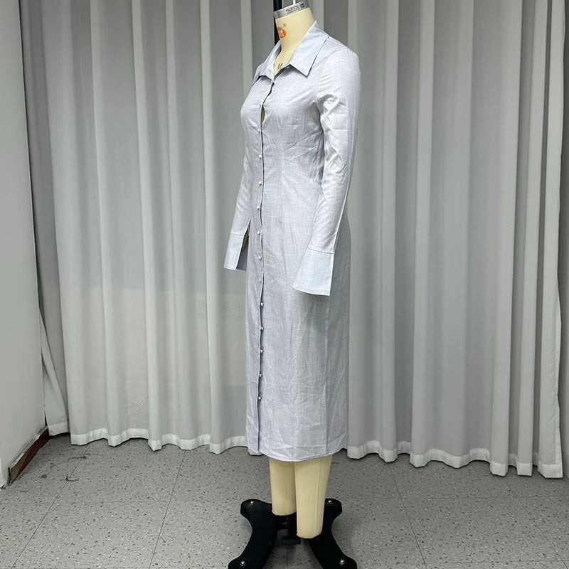 Aiertu  -  Long Dress Autumn Women Office Casual Long Sleeve Lapel Single Breasted Button Solid Nipped Waist Long Dress Streetwear Aiertu