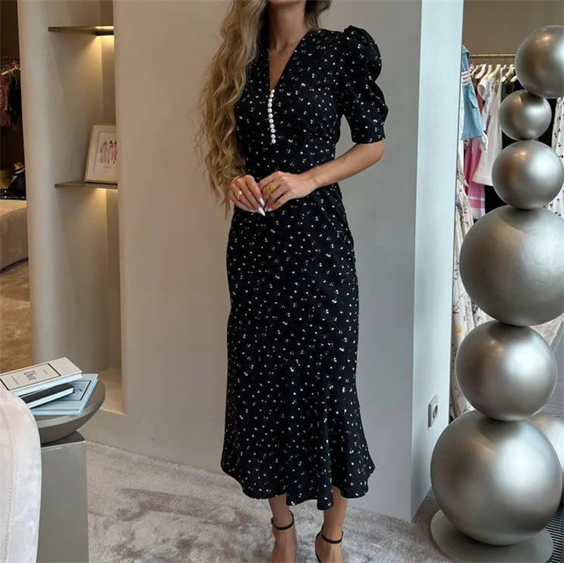 Aiertu  -  Print Short Sleeve Dress V Neck Maxi Dress For Women Elegant High Waist Button Print Sexy Slim Fashion Holiday Dress Aiertu