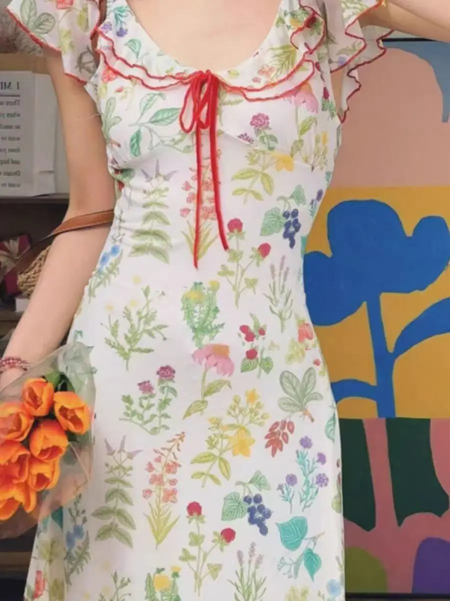 Aiertu  -   Summer Floral Dress Women Dresses Print Flowers Lace-up Female Long Dress Female Clothing Aiertu