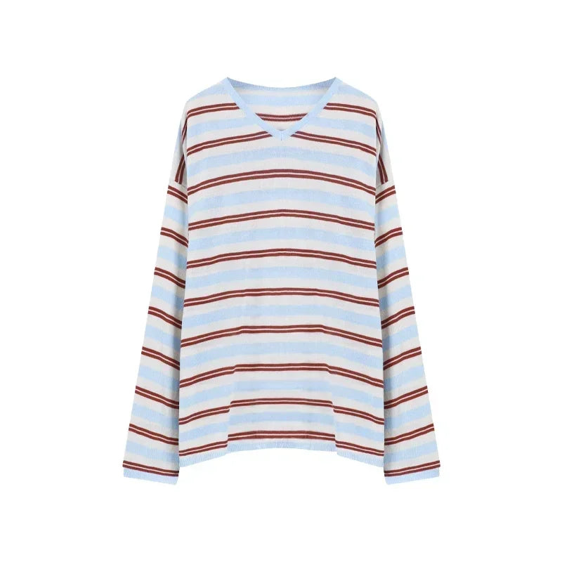 Aiertu  -  Harajuku Striped Knitwear T-Shirt V-neck Long Sleeve Contrast Color Tee Oversized Streetwear Korean Style Spring Clothes Aiertu