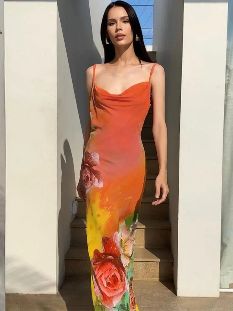Aiertu  -  2026 Summer Sexy Backless Flower Printed Long Slip Dress Streetwear Women's Sleeveless High Waist Bodycon Holiday Party Dresses Aiertu