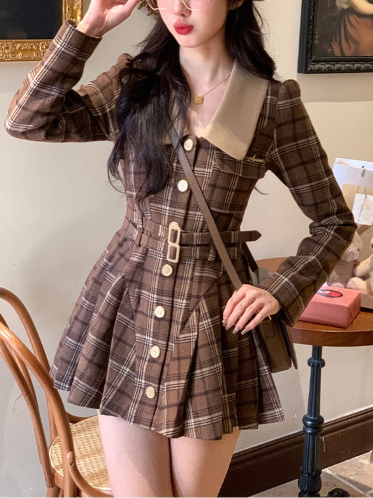 Aiertu  France Vintage Party Mini Dresses Women Korean Style Elegant Pleated Dress Female Warm Sweet Retro Dress Coat Autumn Winter Aiertu