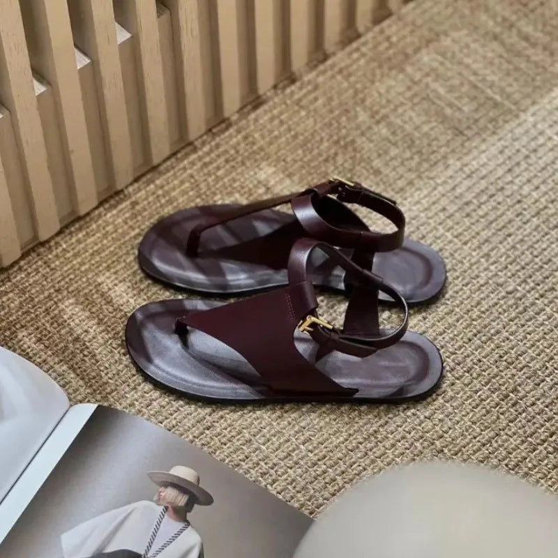 Aiertu  -  Summer Women's Sandals PU Leather Vintage Roman Flip Flops Flat Sandals Casual Streetwear Buckle Strap Ladies Shoes New 2026 Aiertu
