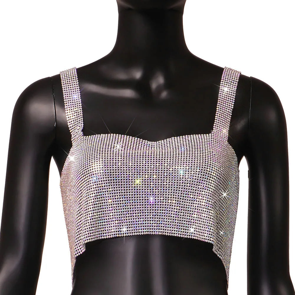 Aiertu  -  Metal Mesh Rhinestone Sleeveless Tank Top Women Back Hollow Chain Crop Tops Hot Girl Beach Sexy Club Party Vest Femme Aiertu