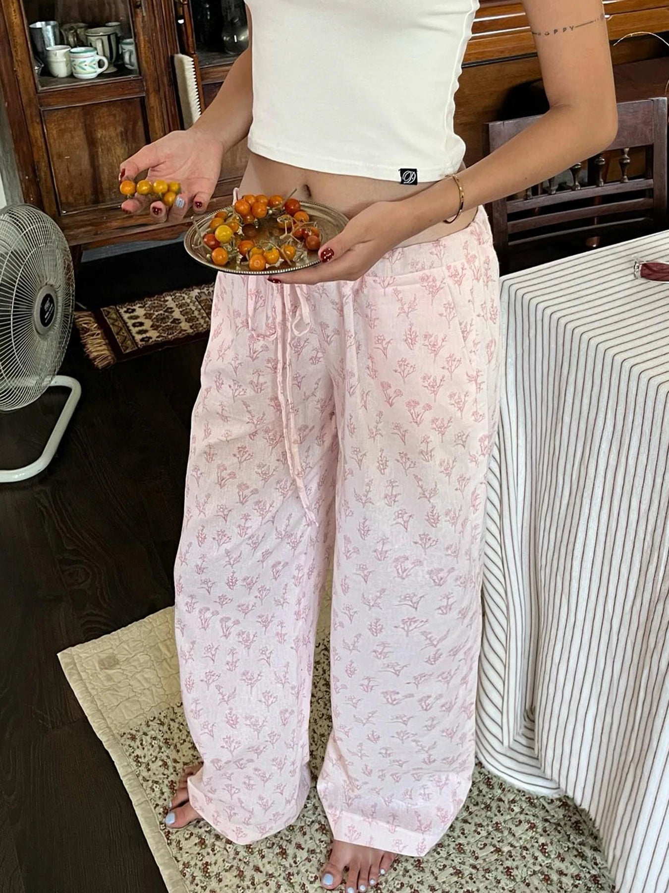Aiertu  -  Cute Coquette Pink Floral Print Casual Pants y2k Aesthetic Lace-up Low Rise Loose Straight Pants Korean Fashion Trousers Aiertu