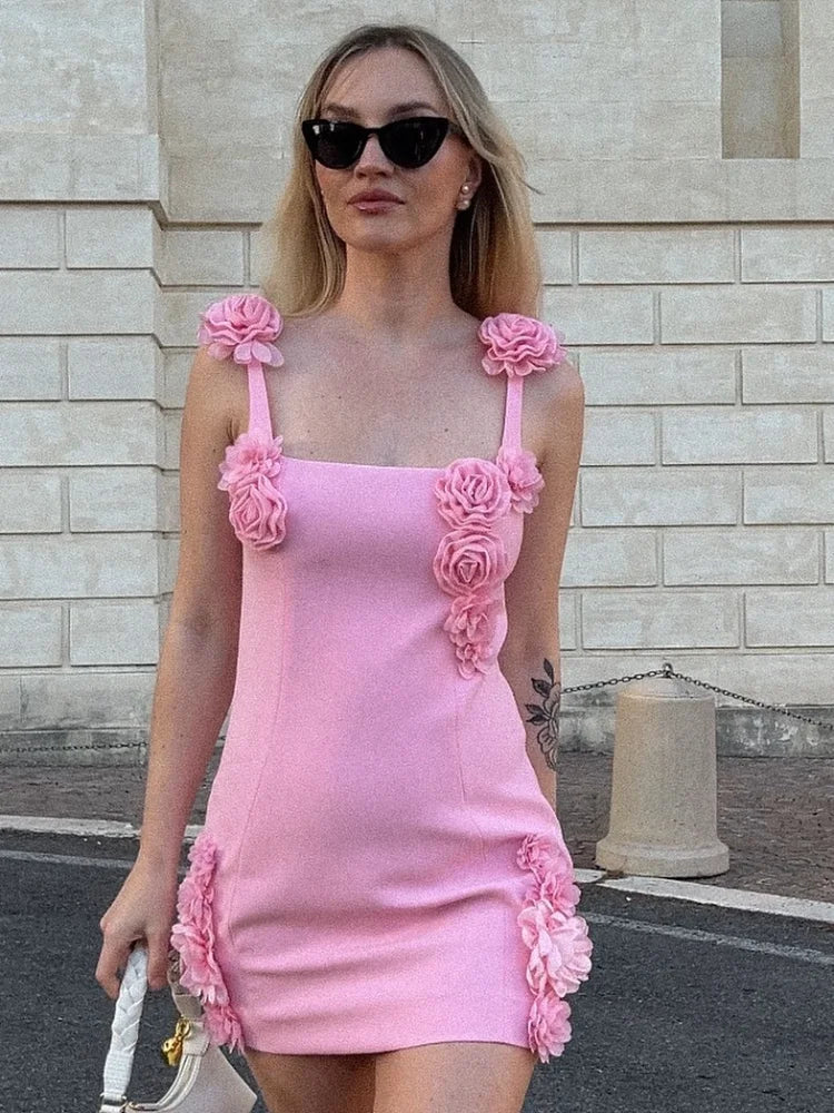 Aiertu  -  Women Sexy Pink 3d Flower Sling Mini Dress Fashion High Waist Sleeveless Bodycon Dress 2026 Summer Vacation Beach Party Dresses Aiertu