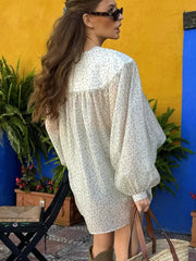 Aiertu  -  V-neck Lantern Sleeve Sexy Print Shirt For Women Elegant Long Sleeve Lace-up Fashion Slim Patchwork Casual 2025 Blouse Aiertu