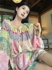 Aiertu  -  Sunscreen Printed Vintage Women Sets New Blouses India Folk Gentle Summer Full Sleeve Stylish Chic Casual Suit Shorts Aiertu