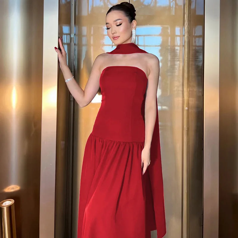Aiertu  -  Sexy Strapless Ribbon Dress Women's Back Lace Up Spliced Long Evening Party Dress Slim Solid High Waist Elegant Clothes Aiertu