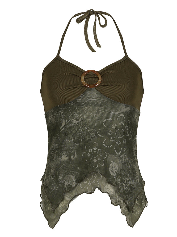 Aiertu - summer inspo Hot Retro Forest Green Vintage Print Boho Y2K Camisole Backless Halter Tie Asymmetrical Tops Women Summer Vacation Clothing Aiertu