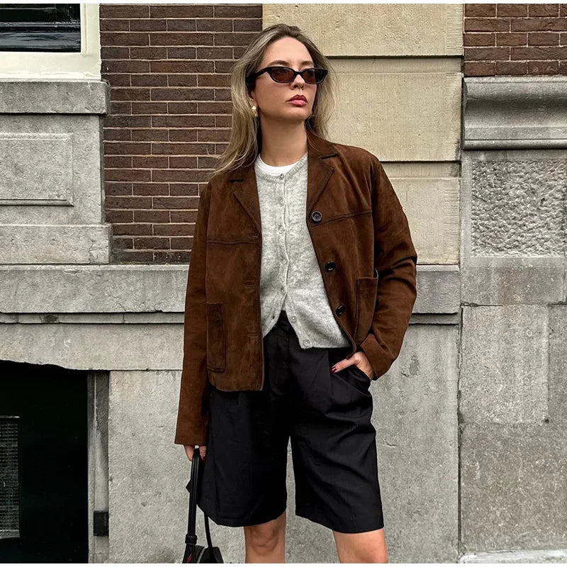 Aiertu  -  Vintage Suede Short Jackets Women Casual Lapel Single-breasted Long Sleeve Coat 2026 Autumn New Female Chic Brown Tops Outwear Aiertu