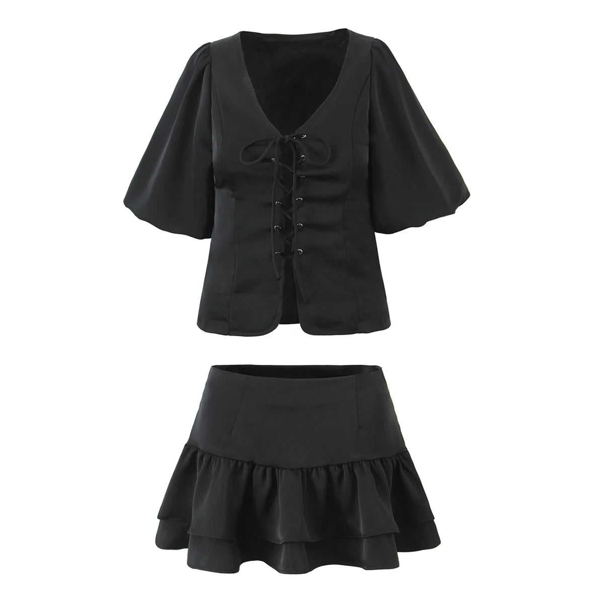 Aiertu  -  Summer eyelets Cross Lacing Up Bow Front Short Lantern Sleeve Shirt + Low Waist Package Hips Ruffles Hem Mini Skirt Sets Aiertu