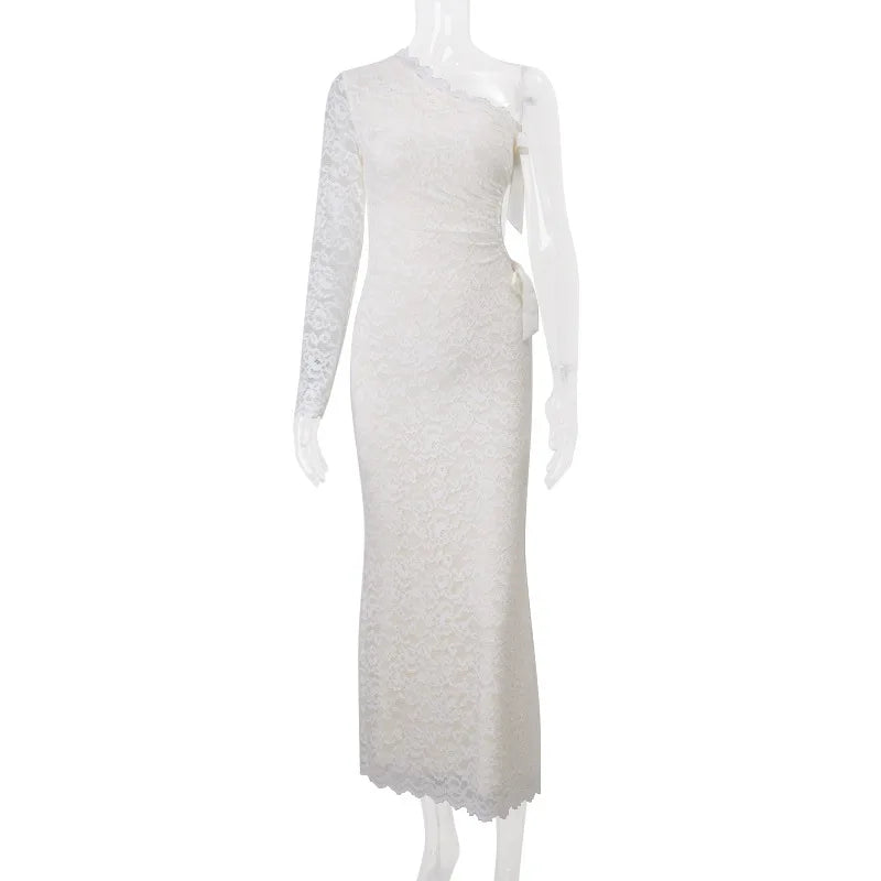 Aiertu  -  Elegant Single Shoulder Sleeve Lace Hollow Body Long Dress Women's New Sexy Lace Butterfly Party Club Vacation Beachwear Aiertu
