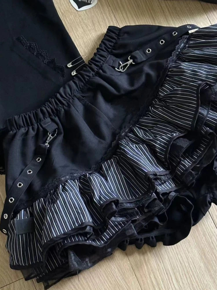 Aiertu  -  Harajuku Girls Stripe Punk Grunge Skirts Women Y2k Aesthetic High Waist Cake Mini Streetwear Lace Vintage Kawaii Mini Jupe Aiertu