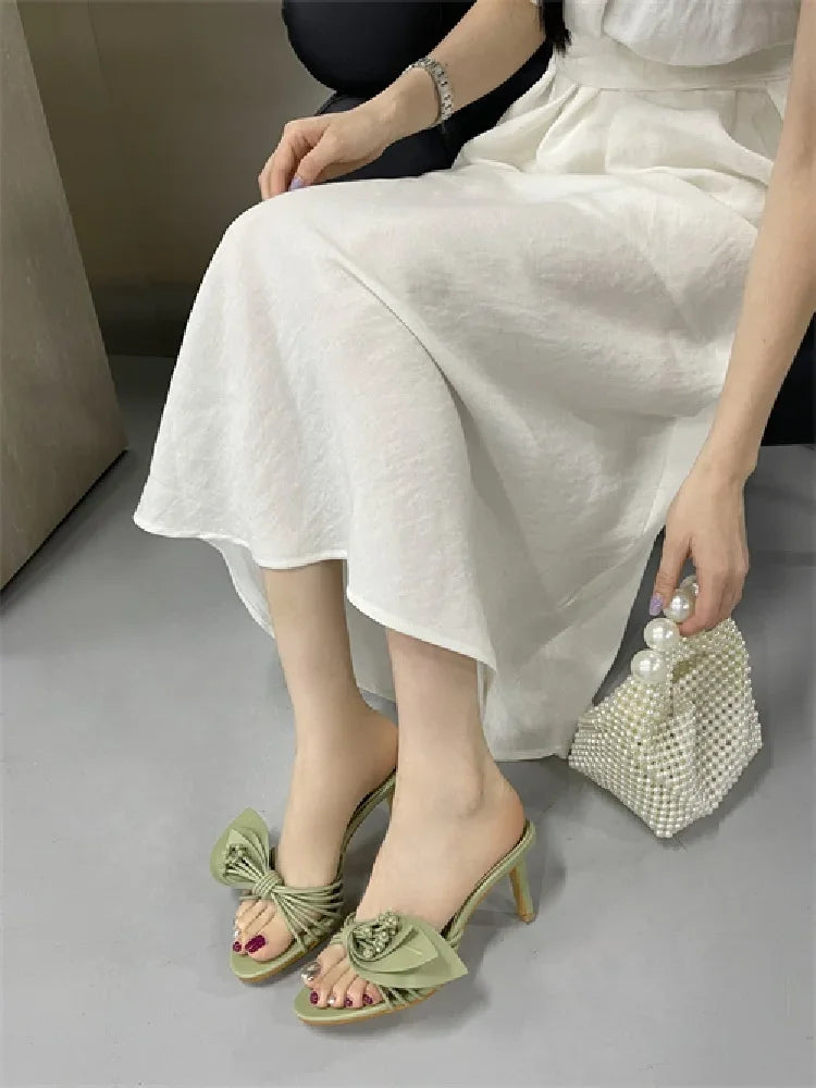 Aiertu  -   New Fashion Open Toe Narrow Band Butterfly-kont Thin Heels Women Slippers Summer Party Dress Slides Shoes Aiertu