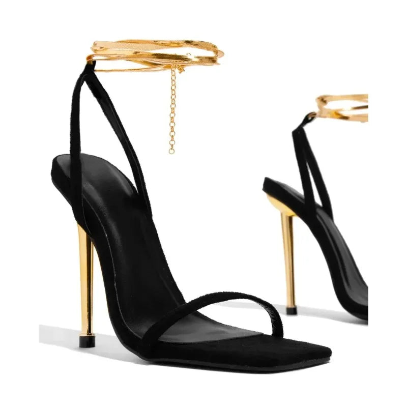Aiertu  -  Women heels Sexy Gold  High Heels Sandals Thin Single Strap Metal Stiletto Sandals Gold Heel Shoes Aiertu