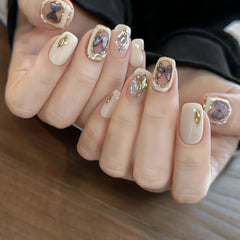 Aiertu  -  10pcs Short Square Round Handmade Fake Nail Wearable Colorful Smudge Design False Nail Flower Bow Nails Simple Press on Nails Aiertu