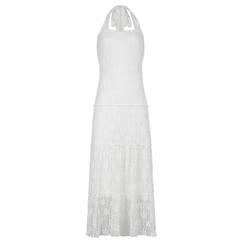 Aiertu - White Floral Lace Halter Maxi Dress Aiertu