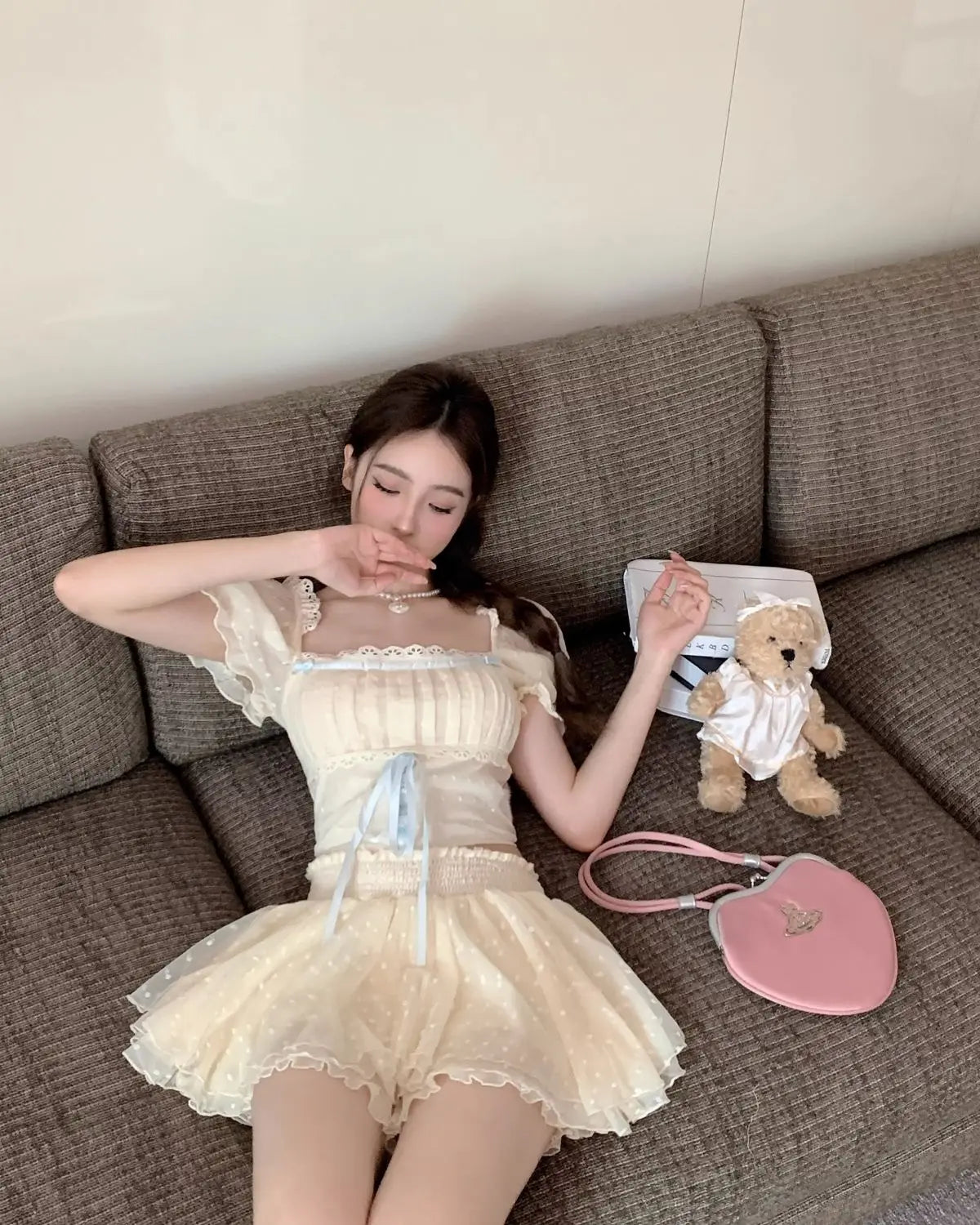 Aiertu  -  Sweet hot girl suit women's summer polka dot bubble sleeve top high waist lace a-line skirt two-piece set fashion female clothes Aiertu