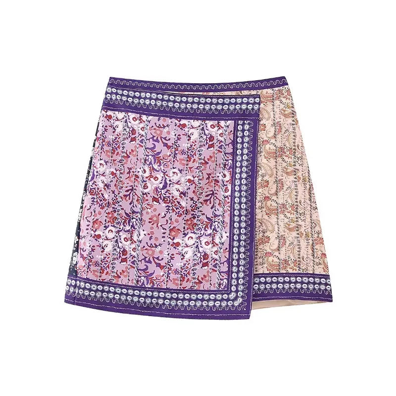 Aiertu  -  Ethnic Style Retro Embroidery Printed High Waisted Short Skirt With Fashionable and Asymmetrical Hem Beading A-line Skirt Aiertu
