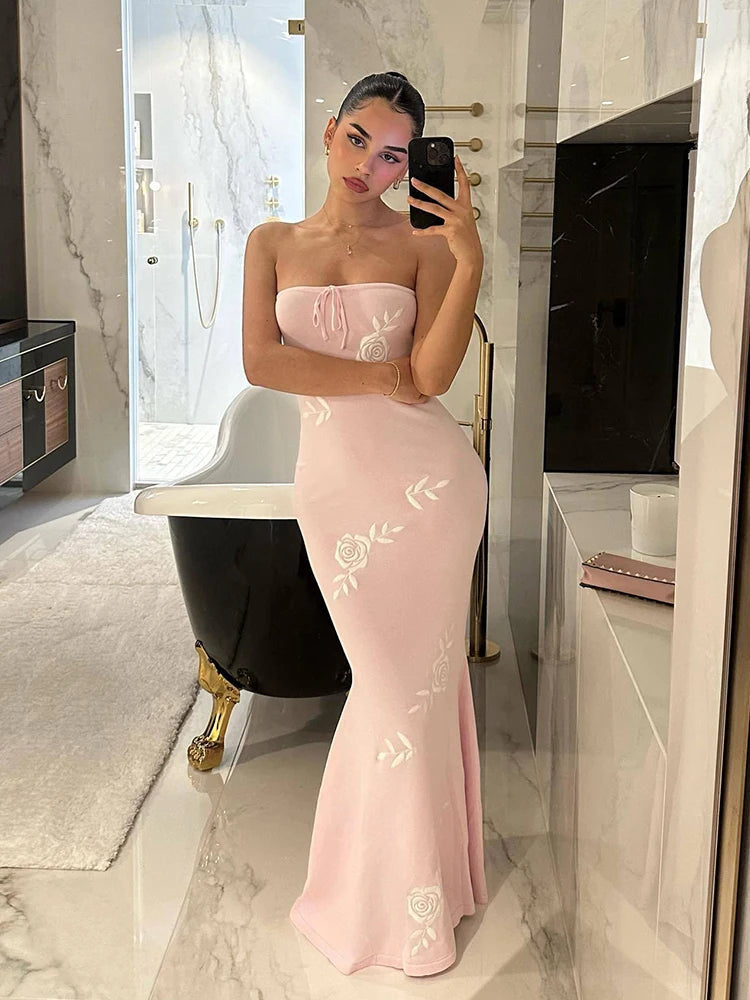 Aiertu  -  Sexy Print Knitted Maxi Dress Women Off Shoulder Bodycon Slim Backless Party Dresses Fashion Lady Beach Vacation Robe Aiertu
