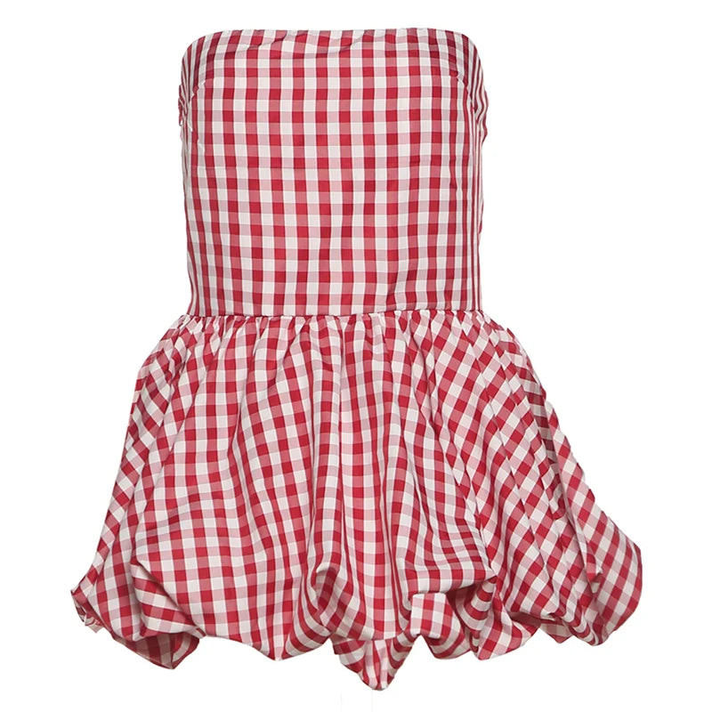 Aiertu  -  Print Red White Checkered Chest Wrap Pleated Fluffy Hem Sleeveless Backless Vacation Versatile Beach Party Trend Tops Aiertu