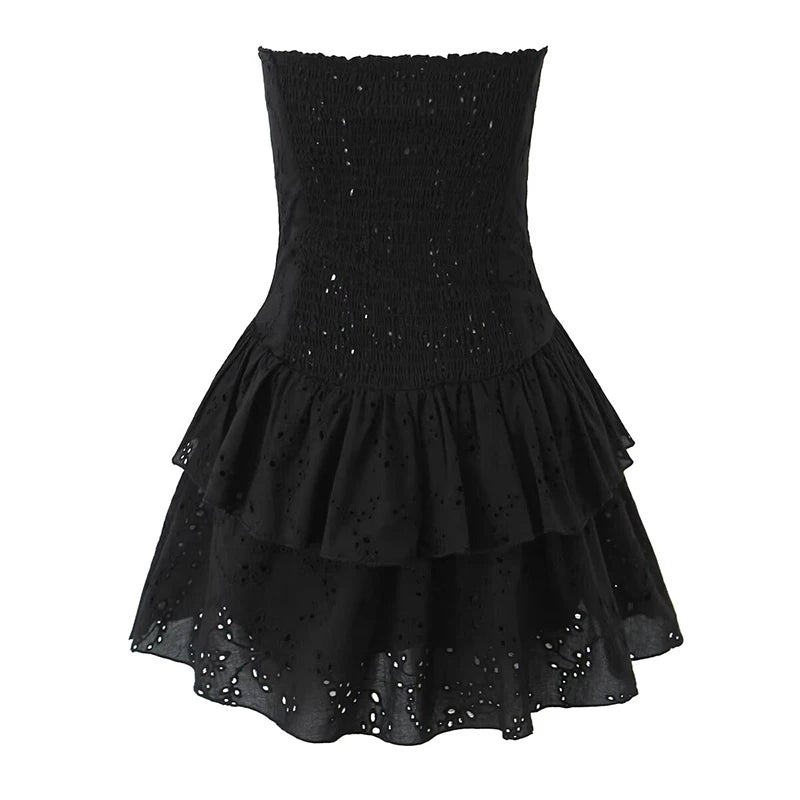 Aiertu  -  Sexy Women Black White Hollow Out Embroidery Strapless Dress Summer Cotton Fit And Flare Party Mini Robe Aiertu