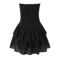 Aiertu  -  Sexy Women Black White Hollow Out Embroidery Strapless Dress Summer Cotton Fit And Flare Party Mini Robe Aiertu
