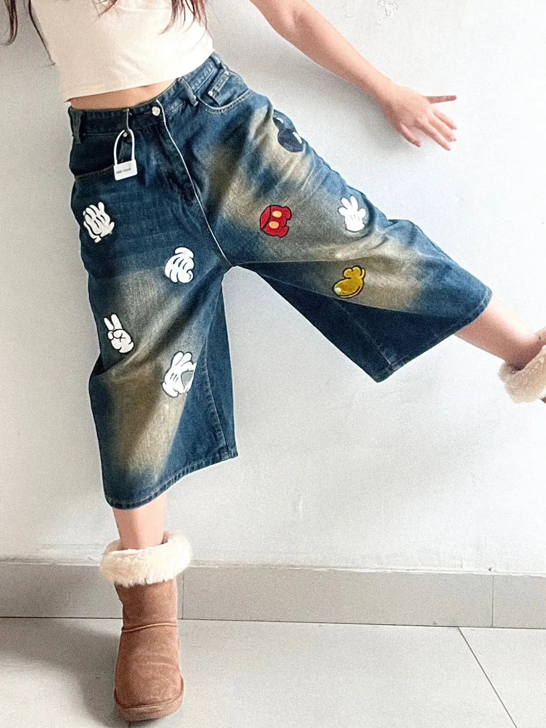 Aiertu  -  Fun Graphic Print Denim Knee Length Pants American Retro Straight Wide-leg Shorts Harajuku Style Fashion Street Loose Shorts Aiertu