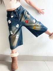 Aiertu  -  Fun Graphic Print Denim Knee Length Pants American Retro Straight Wide-leg Shorts Harajuku Style Fashion Street Loose Shorts Aiertu