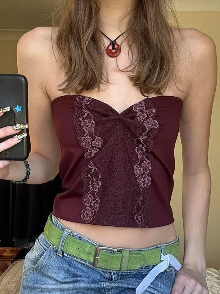 Aiertu  Vintage Lace Ruched Tube Top Aiertu