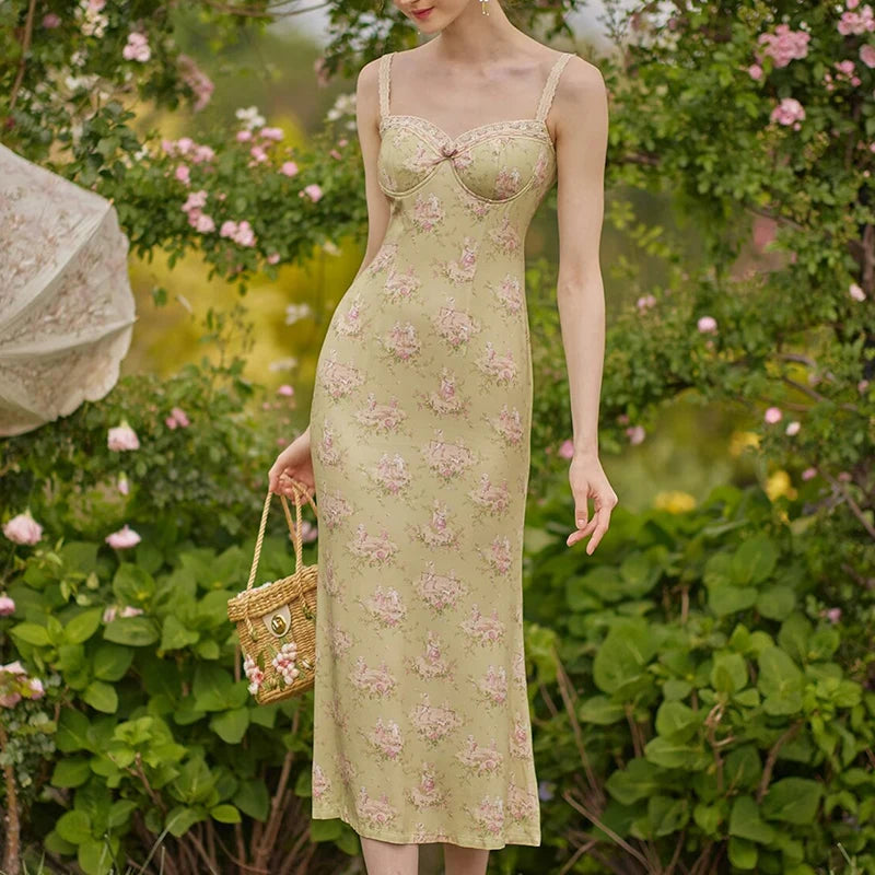 Aiertu  -  French Style Floral Print Sling Dress Women Sexy Slit Holiday Summer Dresses Elegant Lady Prairie Chic Party Robe Midi Vestidos Aiertu