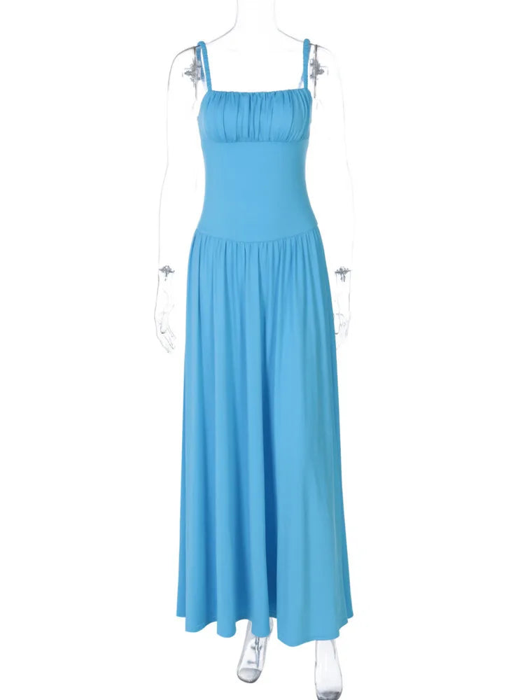 Aiertu  -  Ruched Spaghetti Strap Sexy Maxi Dress For Women Patchwork High-Waist Solid Elegant Sleeveless Slim Club Party Dress Aiertu