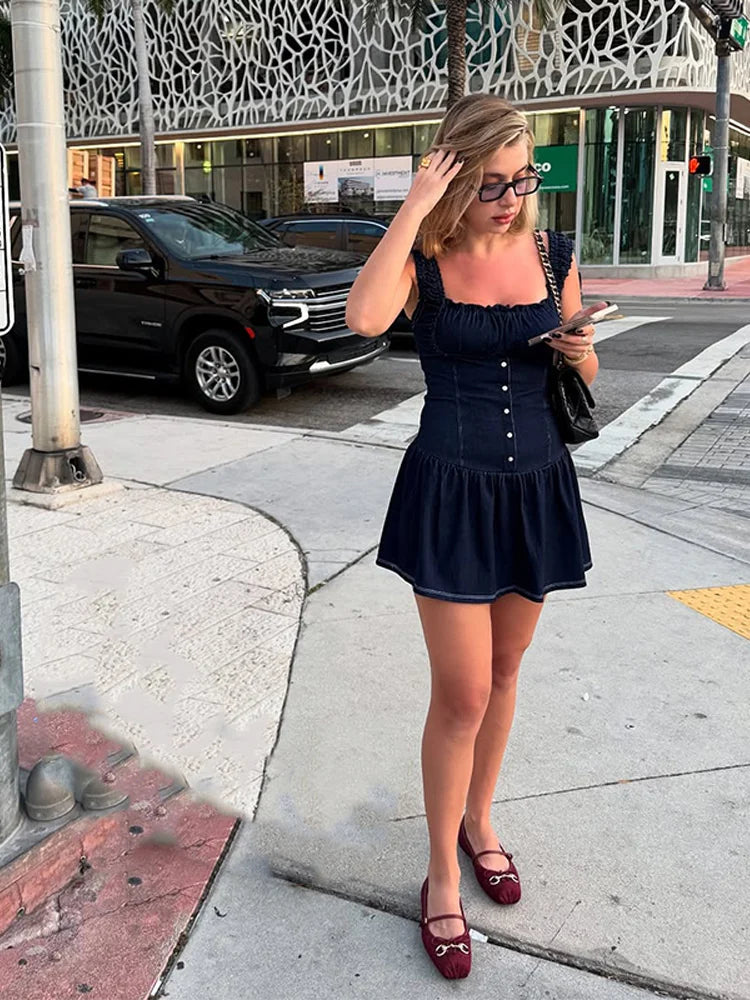 Aiertu  -  Denim Halter Short Dress Cowboy Pleated Flower Bud Slim Fit Sexy Waist Cinching Suspender Women Square Collar Camisole Dresses Aiertu