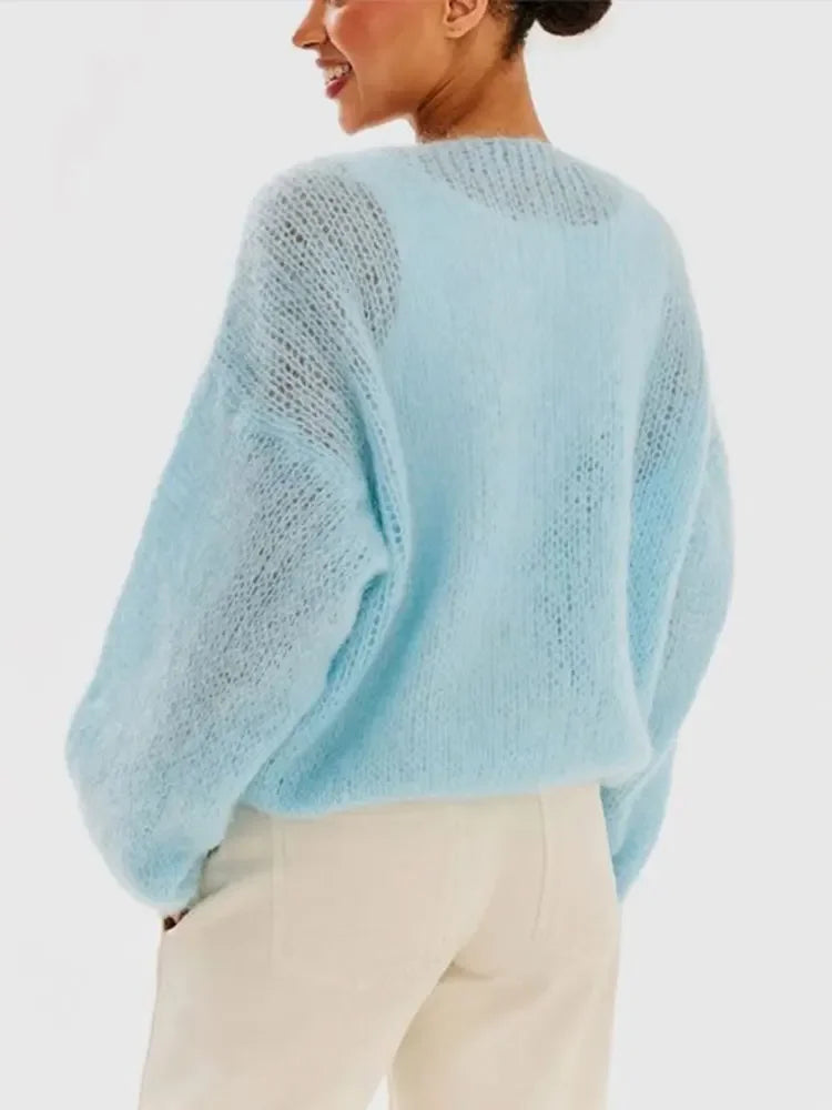 Aiertu  -  Fashion Blue V Neck Long Sleeve Sweater For Women Elegant Soft Warm Knitted Pullover 2026 Chic Lady Commuting Streetwear Aiertu