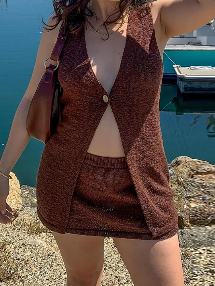 Aiertu  -  Knitted One Button Tank Top Skirt Sets Women V-neck Sleeveless Solid Thin Vest Mini Skirts Suits 2026 Summer Holiday Sexy Outfit Aiertu