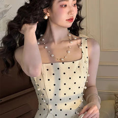 Aiertu  -  Vintage Polka Dots Midi Dress Women Party Elegant Print Straps Dresses Summer Korean Square Collar Bodycon A Line Vestidos Aiertu